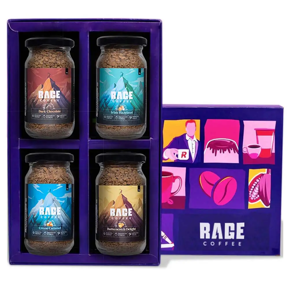 Rage Coffee Gift Box of 4 Flavours,  50 g  Irish Hazelnut, Dark Chocolate, Creme Caramel & Butterscotch Delight