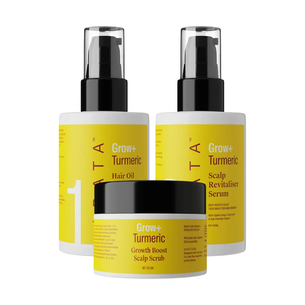 Arata Grow + Turmeric Range - Hair Oil + Growth Boost Scalp Scrub + Scalp Revitaliser Serum