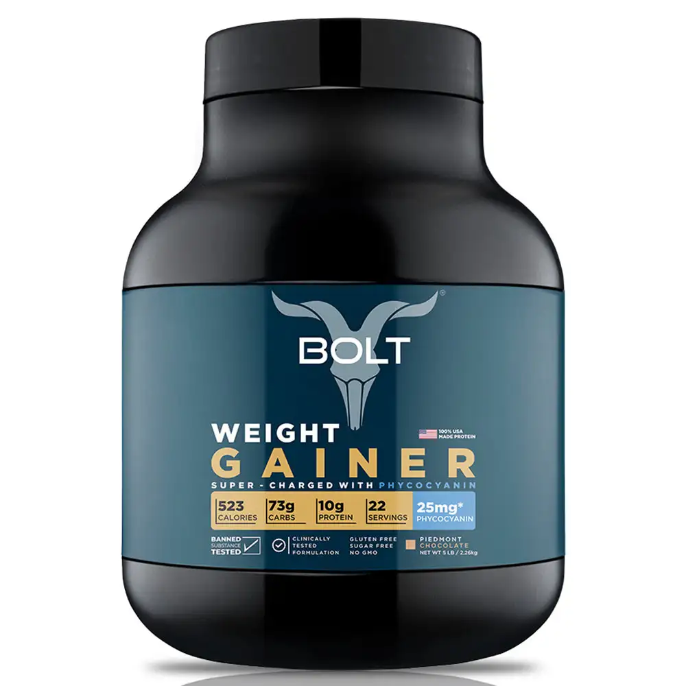 Bolt Weight Gainer Super-Charged with Phycocyanin,  5 lb  Piedmont Chocolate with Free Shaker