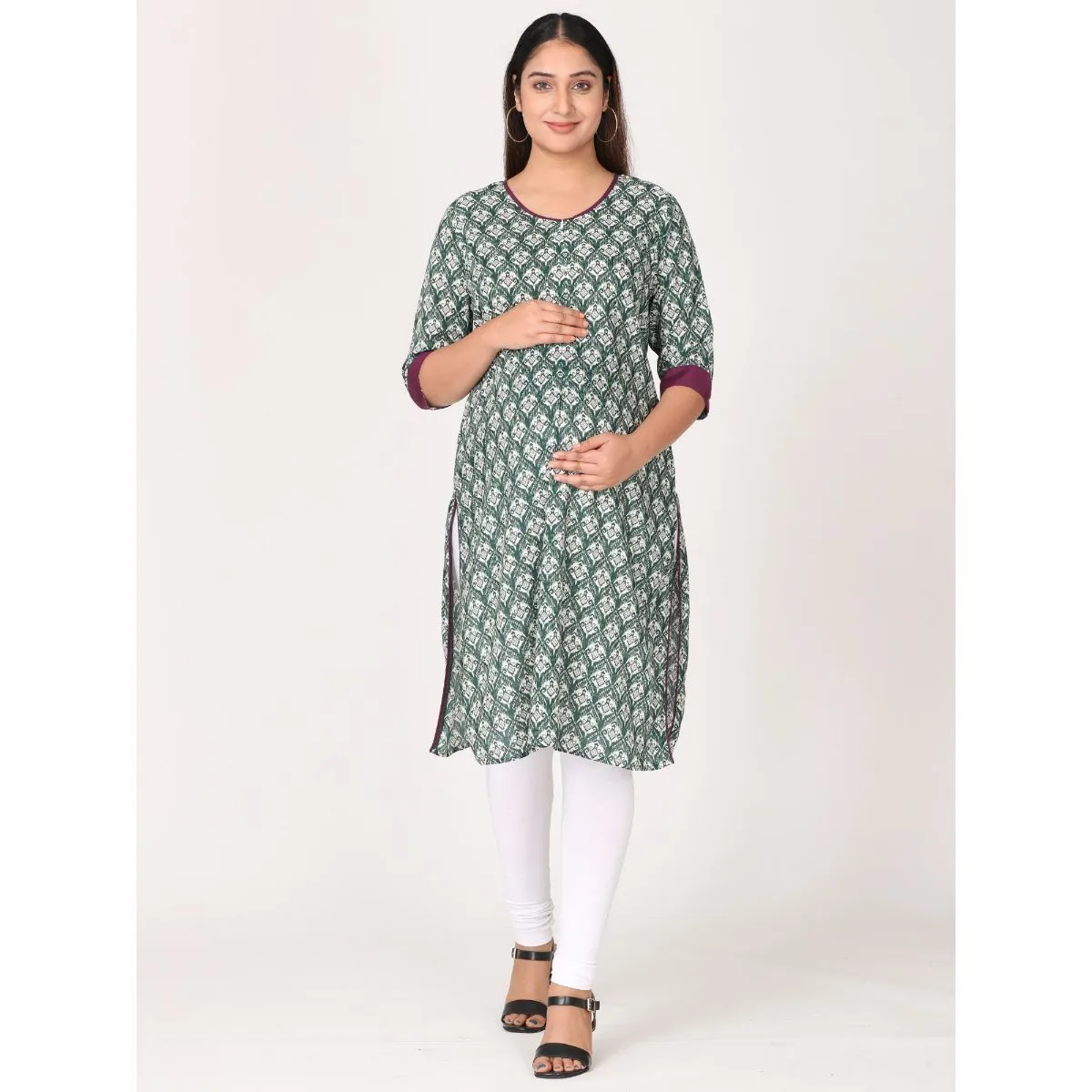 Morph Maternity Feeding Kurta With Vertical Nursing - Green (XL)