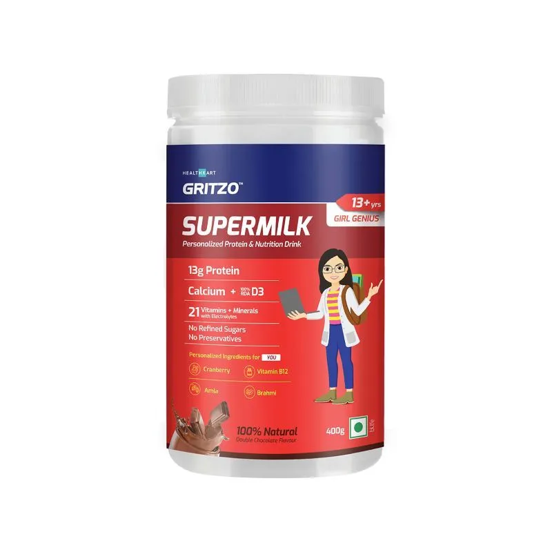 Gritzo Supermilk Genius+ For 13+ Yr Girls Protein & Nutrition Drink, Natural Double Chocolate