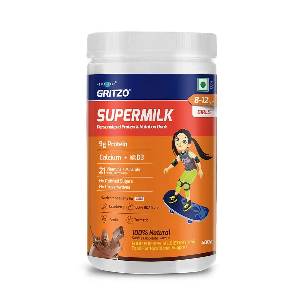 Gritzo SuperMilk Protein & Nutrition Drink Mix 8-12 yrs Girls,  400 g  Double Chocolate