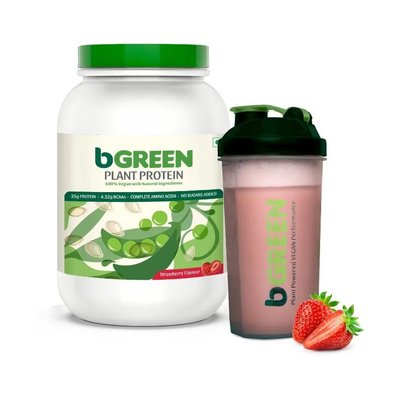 bGREEN By Muscleblaze 100% Vegan Plant Protein Powder With Free Shaker- Strawberry