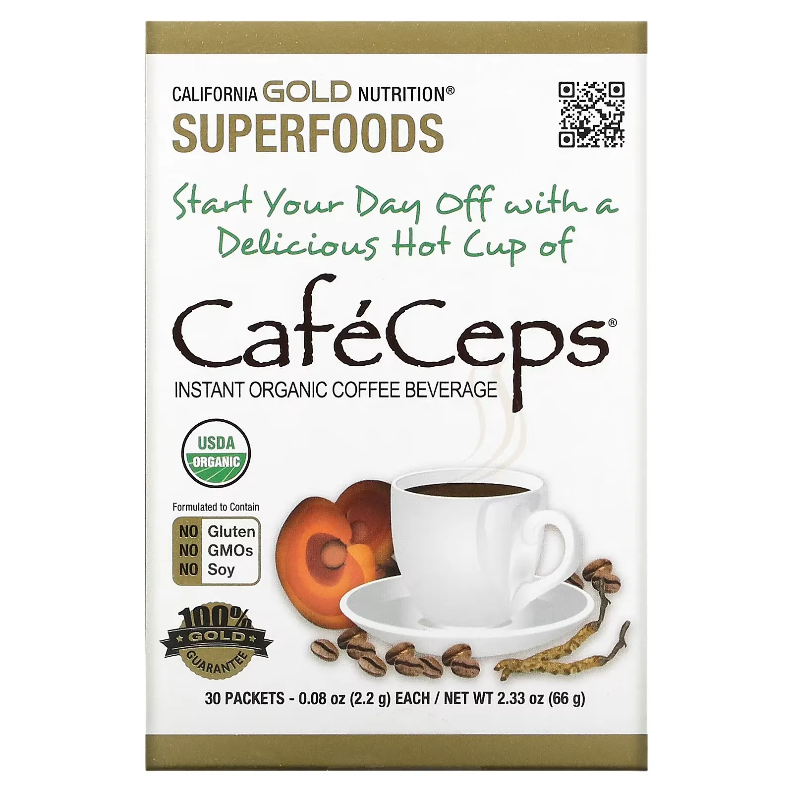 CafeCeps, Certified Organic Instant Coffee with Cordyceps and Reishi Mushroom Powder, 30 Packets, 0.08 oz (2.2 g) Each