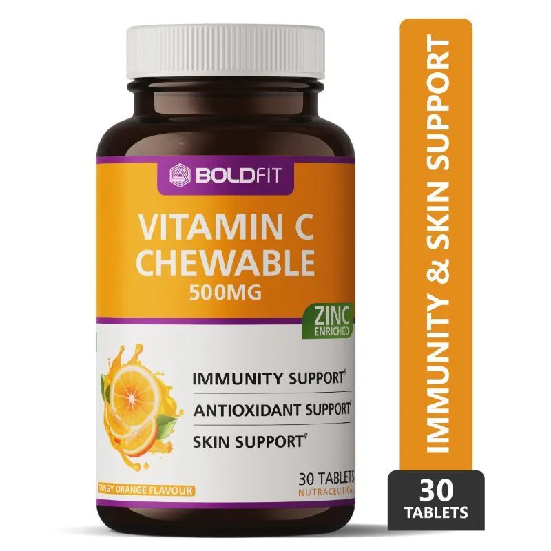 Boldfit Vitamin C With Zinc Chewable 500mg Tablets - Delicious Tangy Orange Flavour