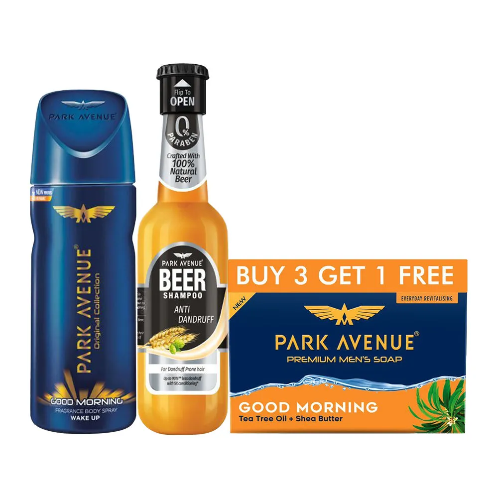 Park Avenue Soap Good Morning (buy3 Get1 Free), Deodorant Body Spray And Anti Dandruff Beer Shampoo