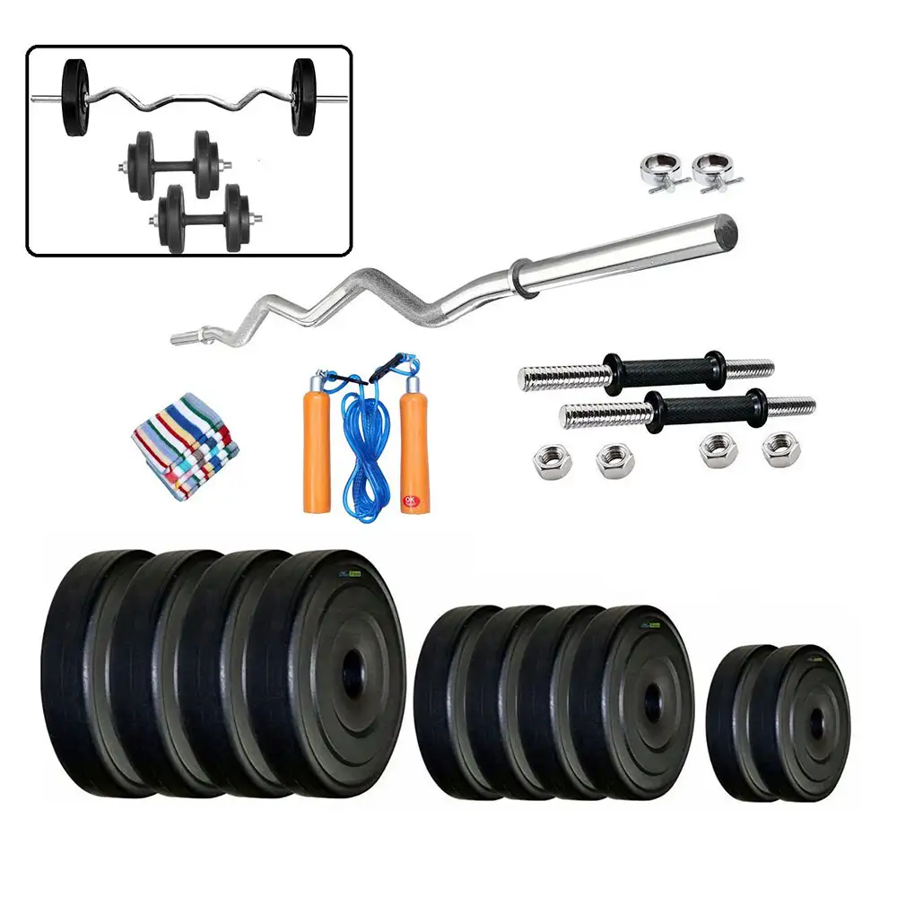 Body Maxx Home Gym Set Rubber Plates + Dumbells Rods + Gloves + Gripper + 3 FT EZ CURL BAR + Locks (50 Kg)