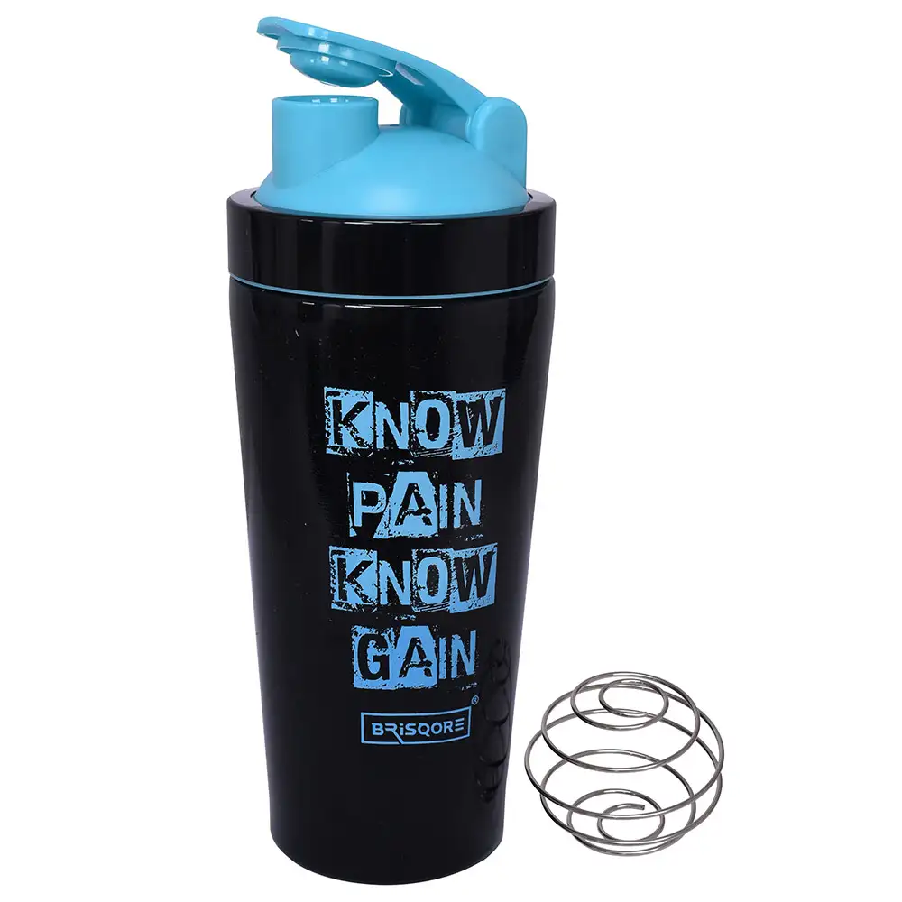 GHC Brisqore Stainless Steel Protein Shaker Bottle,  Black with Blue Cap  750 ml