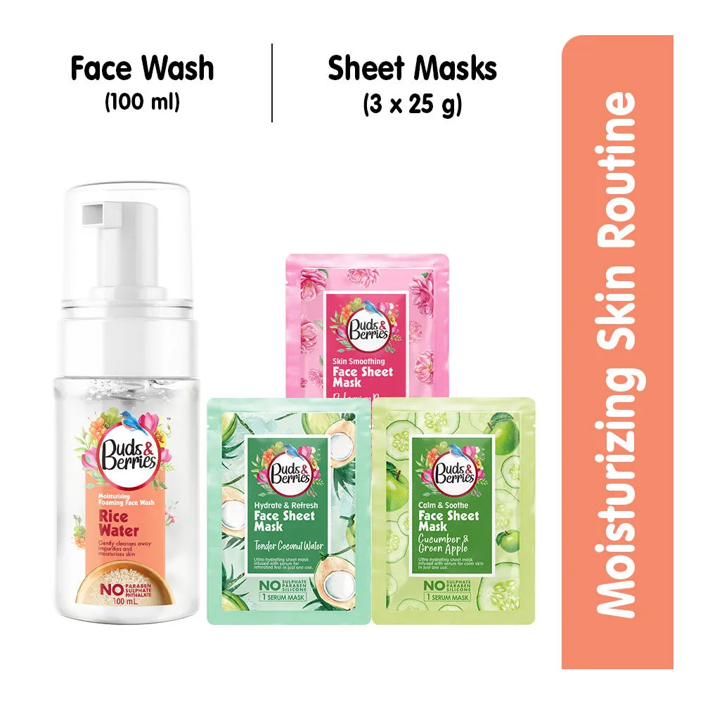 Buds & Berries Daily Skin Care Routine Rice Water Face Wash + Face Sheet Masks (Pack of 4)