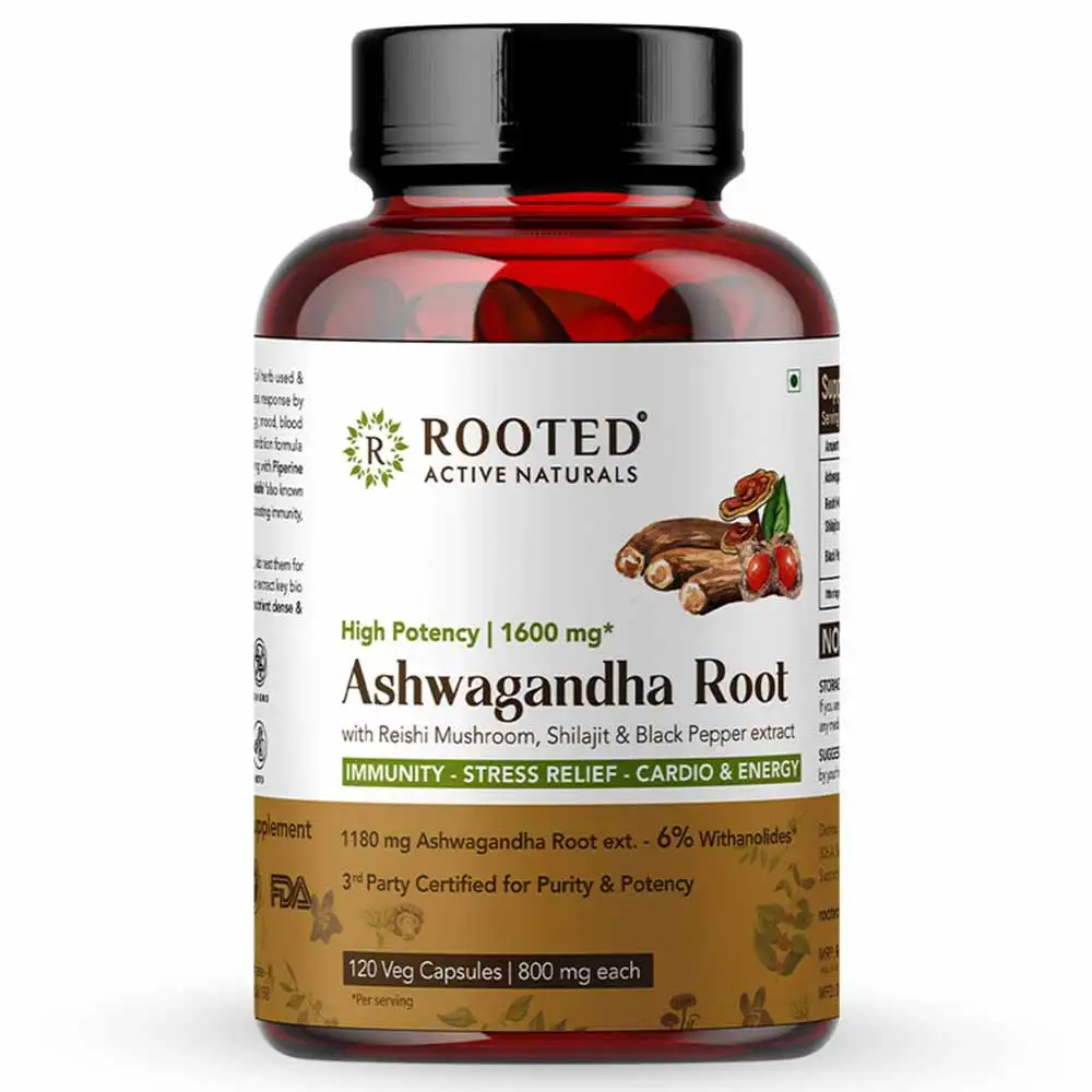 Rooted Active Naturals Ashwagandha Root with Reishi Mushroom, Shilajit & Black Pepper Extract,  120 capsules