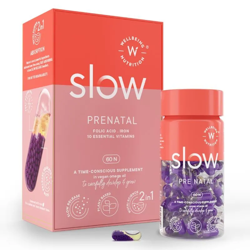 Wellbeing Nutrition Slow Prenatal Multivitamin With Vegan Omega 3 DHA For Healthy Fetal Support