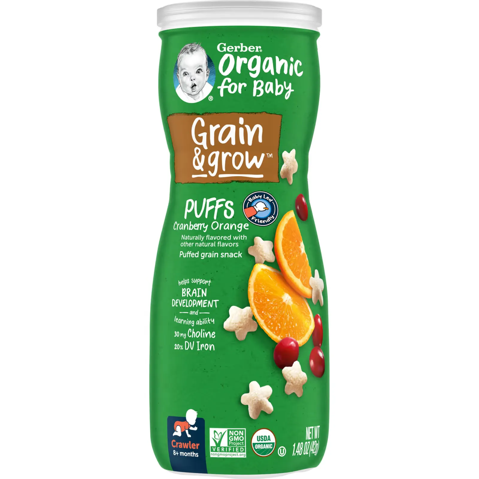 Organic for Baby, Grain & Grow, Puffs,  8+ Months, Cranberry Orange, 1.48 oz (42 g)