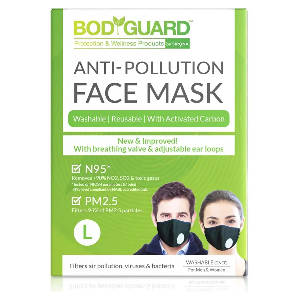 BodyGuard N95 + PM2.5 Anti Pollution Face Mask with Valve and Activated Carbon,  Black (Large)