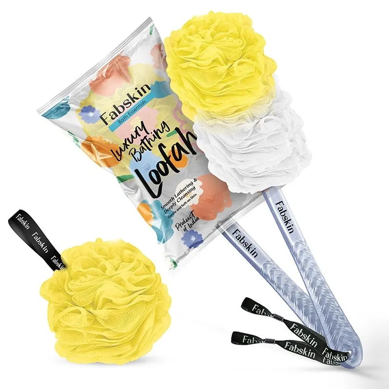 Fabskin Loofah Duo Pack- Bath Brush With Long Handle & Round Loofah- For Men & Women- Yellow & White