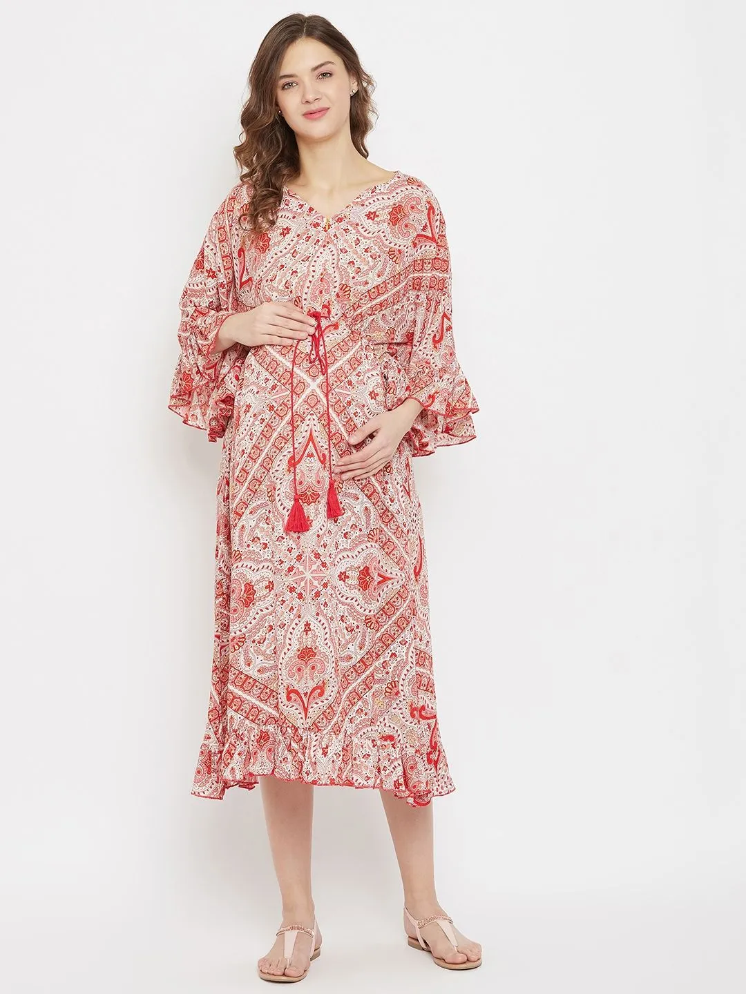 The Kaftan Company Contrast Print Maternity And Feeding Dress With Waist Tie-up - Red