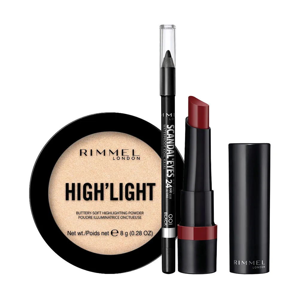 Rimmel London Waterproof Kohl Kajal - Black, Highlighter - Stardust & Matte Lipstick - Hollywood Red