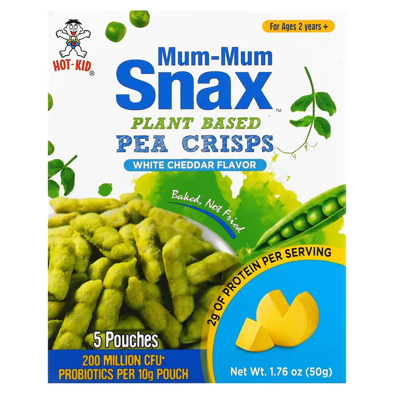 Mum-Mum Snax, Baked Pea Crisps, Ages 2 Years+, White Cheddar, 5 Pouches, 10 g Each