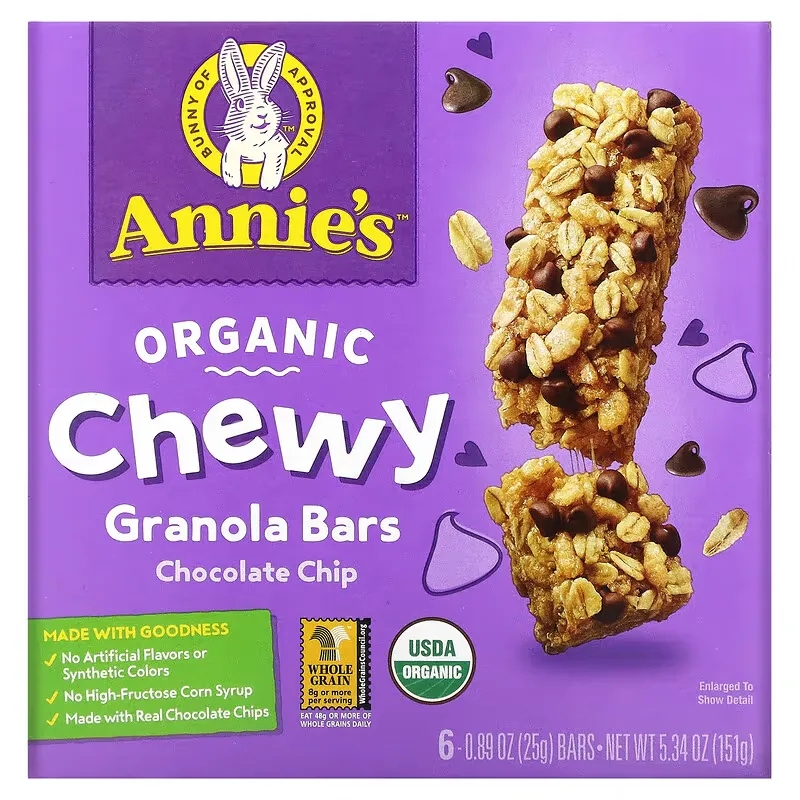 Organic Chewy Granola Bars, Chocolate Chip, 6 Bars, 0.89 oz (25 g) Each