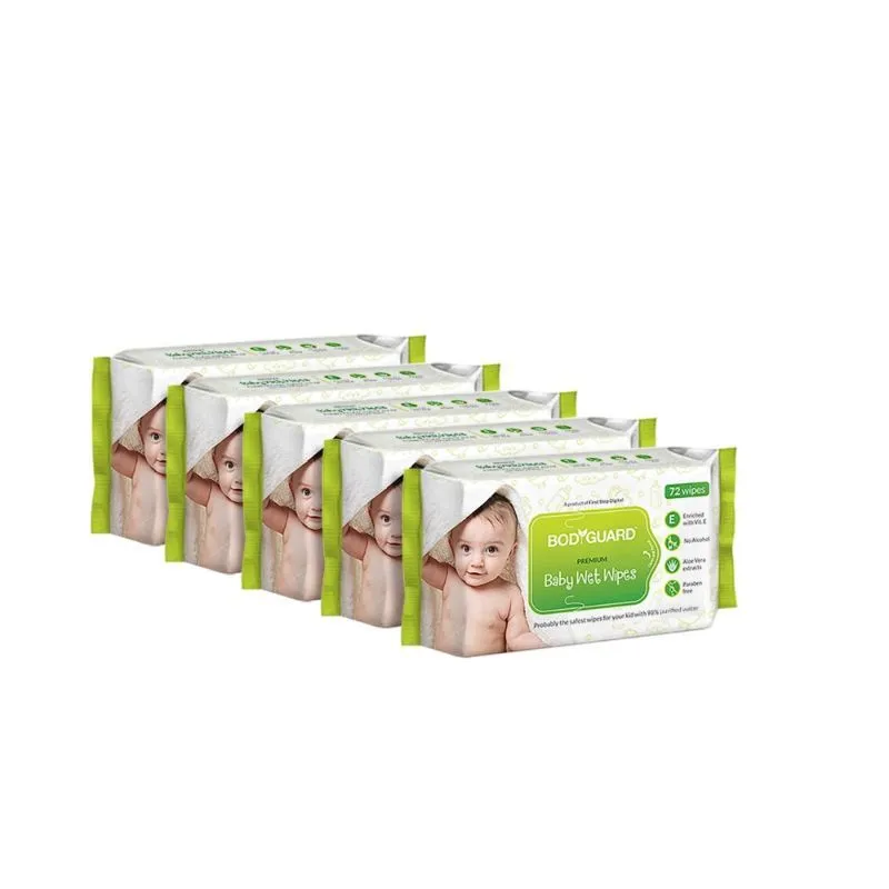 BodyGuard Premium Paraben Free Baby Wet Wipes with Aloe Vera - 360 Wipes (5 Pack, 72 each)