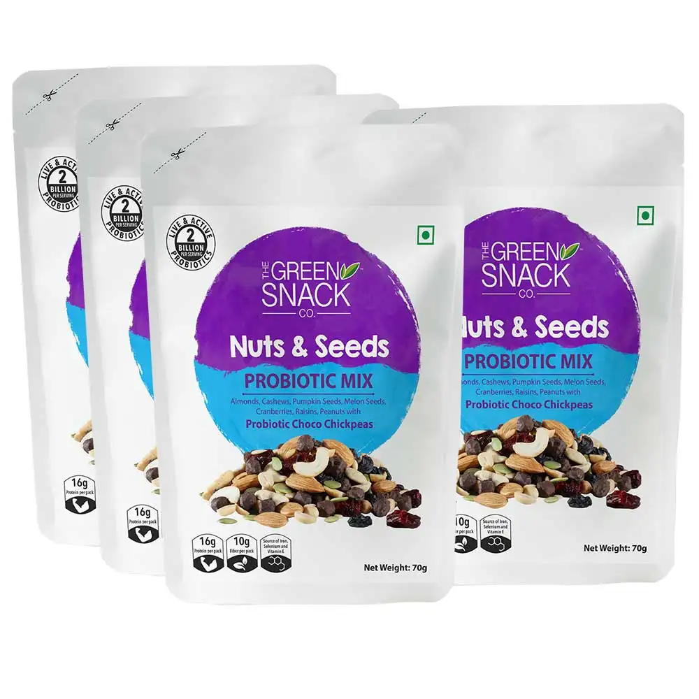 The Green Snack Co. Nuts And Seeds Probiotic Mix - Pack of 4,  Probiotic Choco Chickpeas  70 g