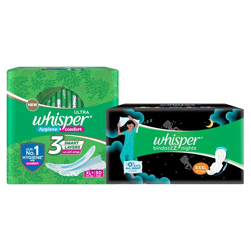 Whisper Day-Night Combo - Whisper Ultra Clean Sanitary Napkin Xl+ + Bindazzz Nights XXXl