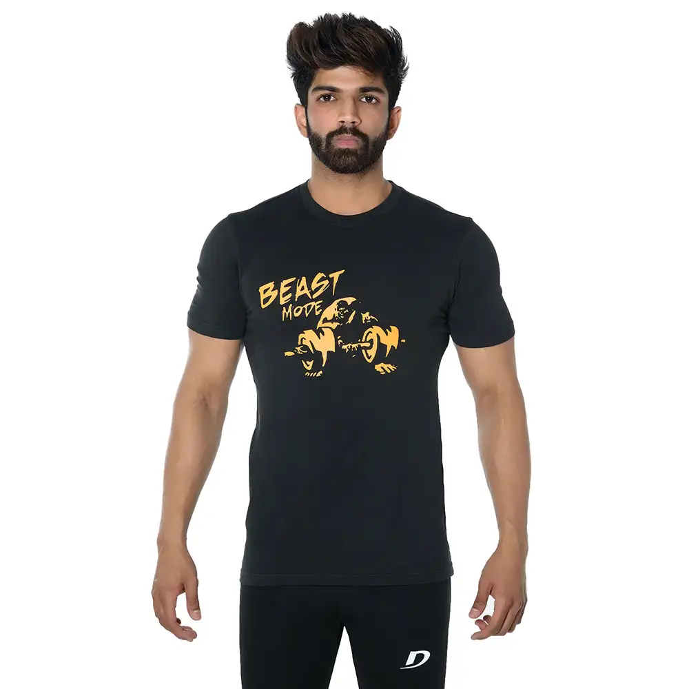 DK Active Wear Half Sleeve Gym T Shirt (Beast Mode),  Black and Yellow  Small