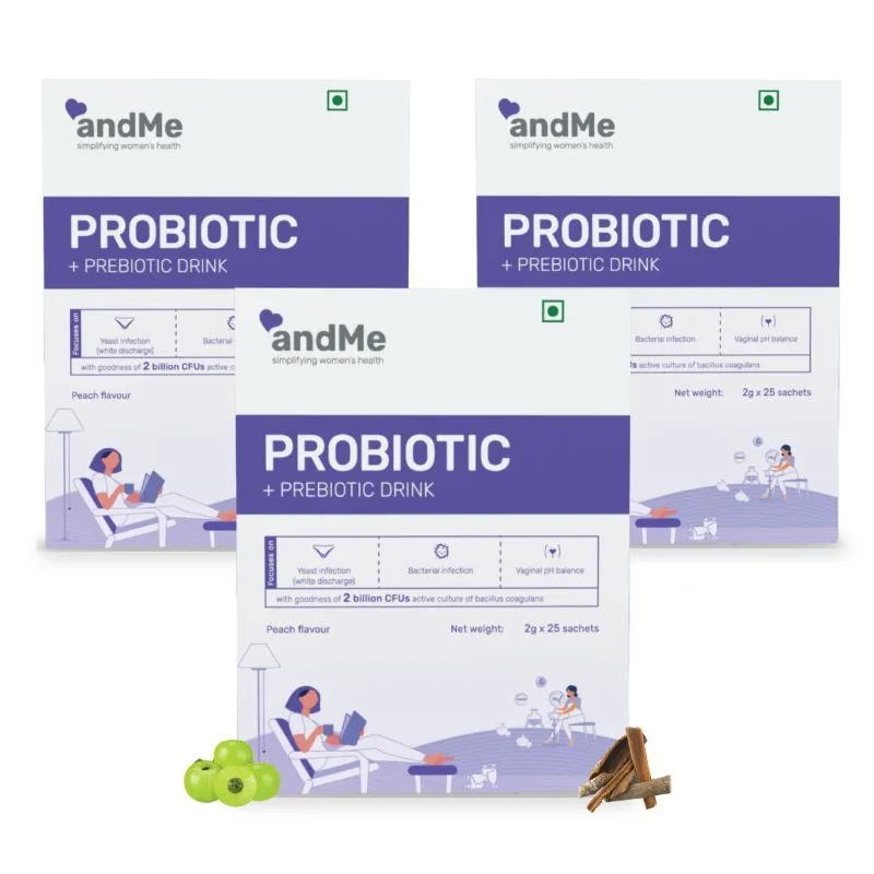 andMe Probiotic + Prebiotic Drink (Peach) - For Vaginal Infection, Ph Balance - Pack Of 3