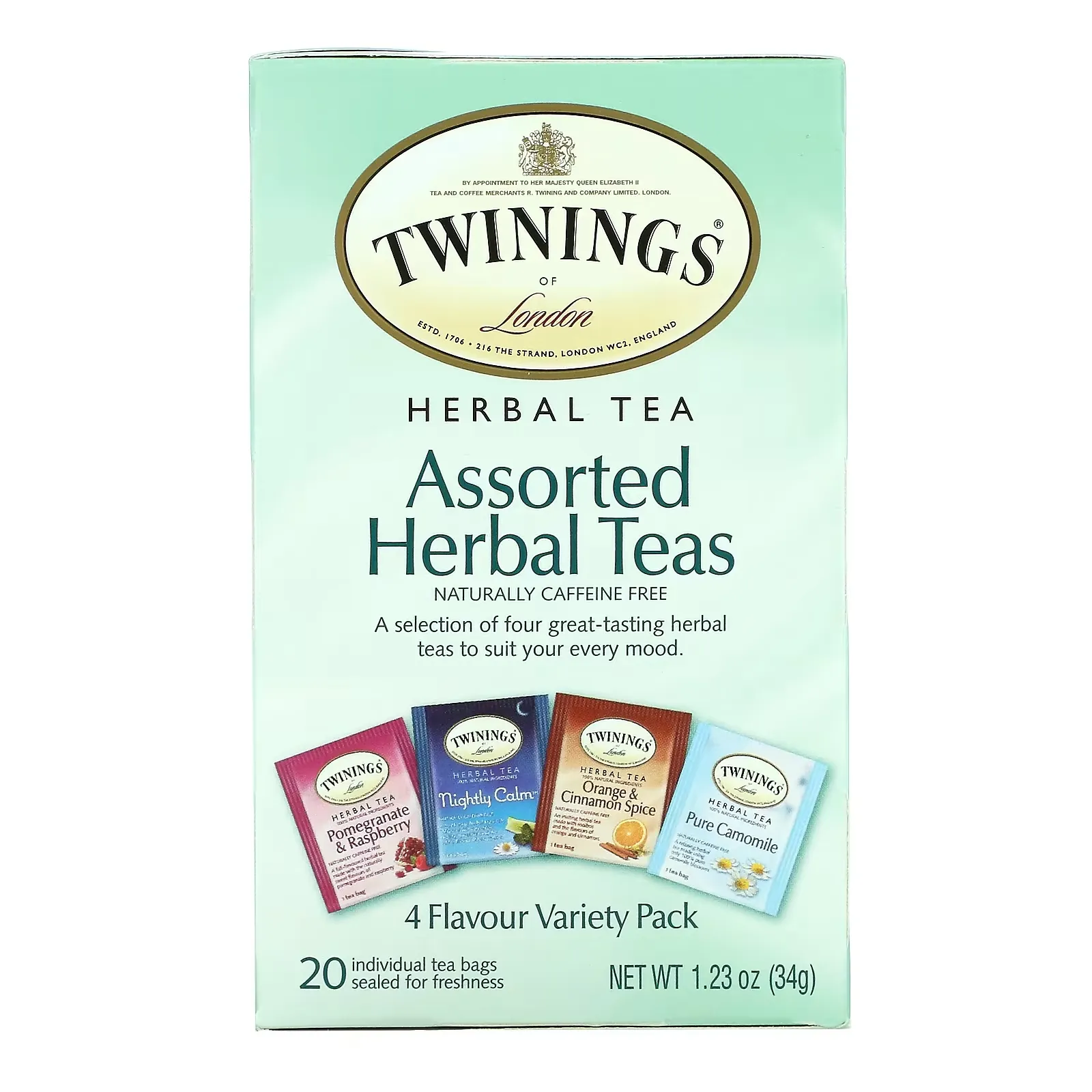 Assorted Herbal Teas, Variety Pack, Caffeine Free, 20 Tea Bags, 1.23 oz (34 g)