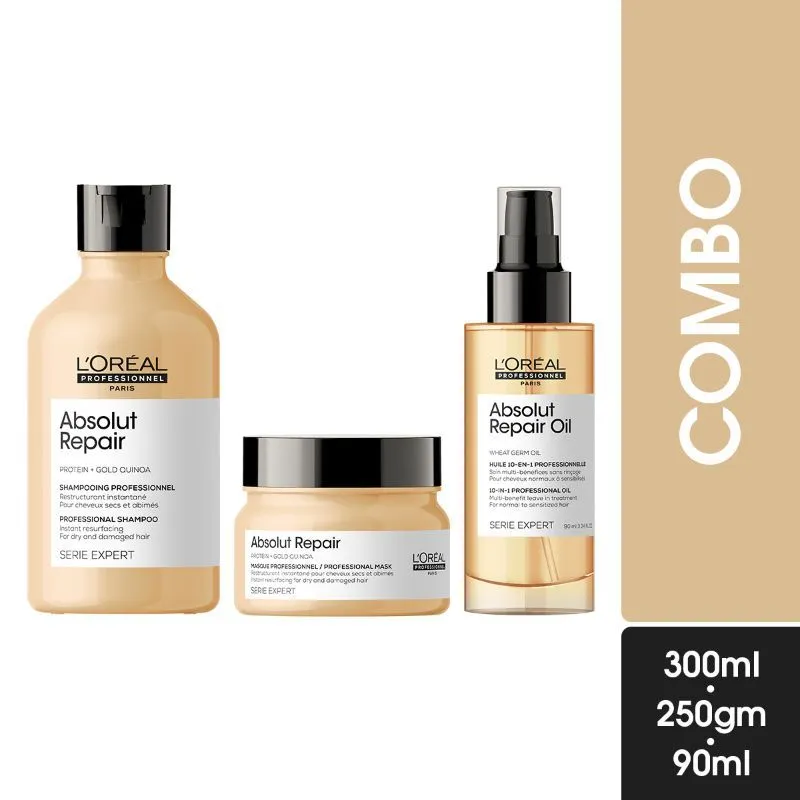 L'Oreal Professionnel Absolut Repair Shampoo 300ml, Hair Mask 250gm & Hair Serum 90ml, Serie Expert