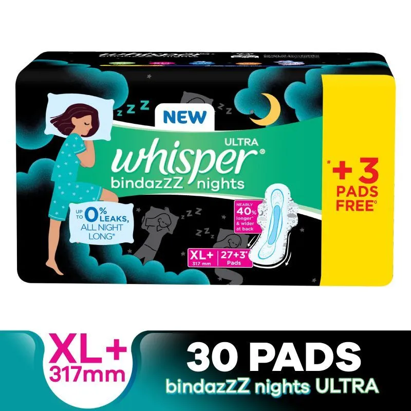 Whisper Bindazzz Night Thin XL+ Sanitary Pads For Upto 0% Leaks-40% Longer With Dry Top Sheet,30 Pad