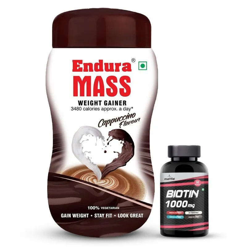 Endura Mass Weight Gainer Cappuccino Flavour With Mettle Biotin Tablets