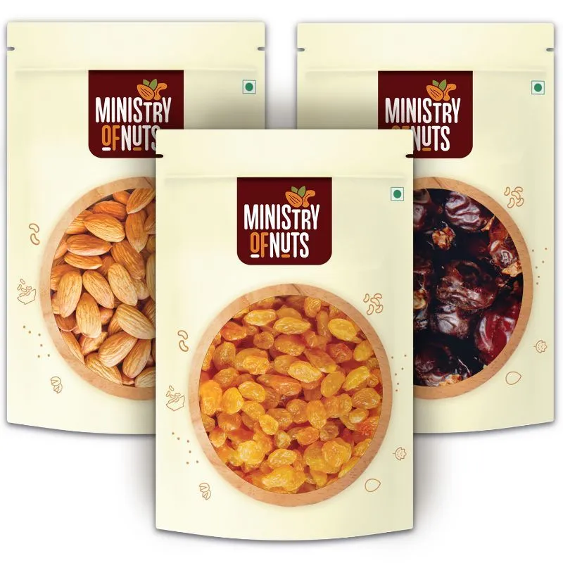 Ministry of Nuts Premium Dry Fruits - Pack Of 3 - Almonds, Raisins & Dates