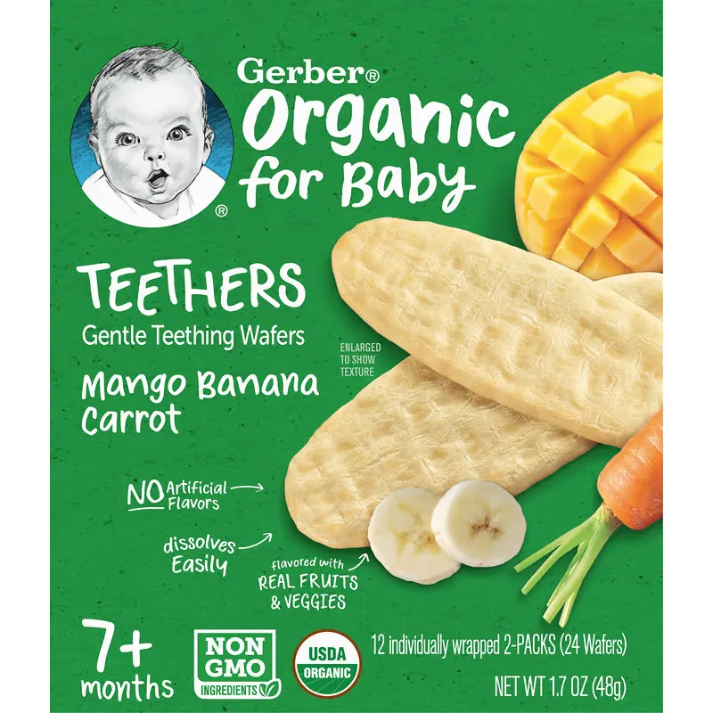 Organic for Baby, Gentle Teething Wafers, 7+ Months, Mango Banana Carrot, 12 Packs, 2 Wafers Each