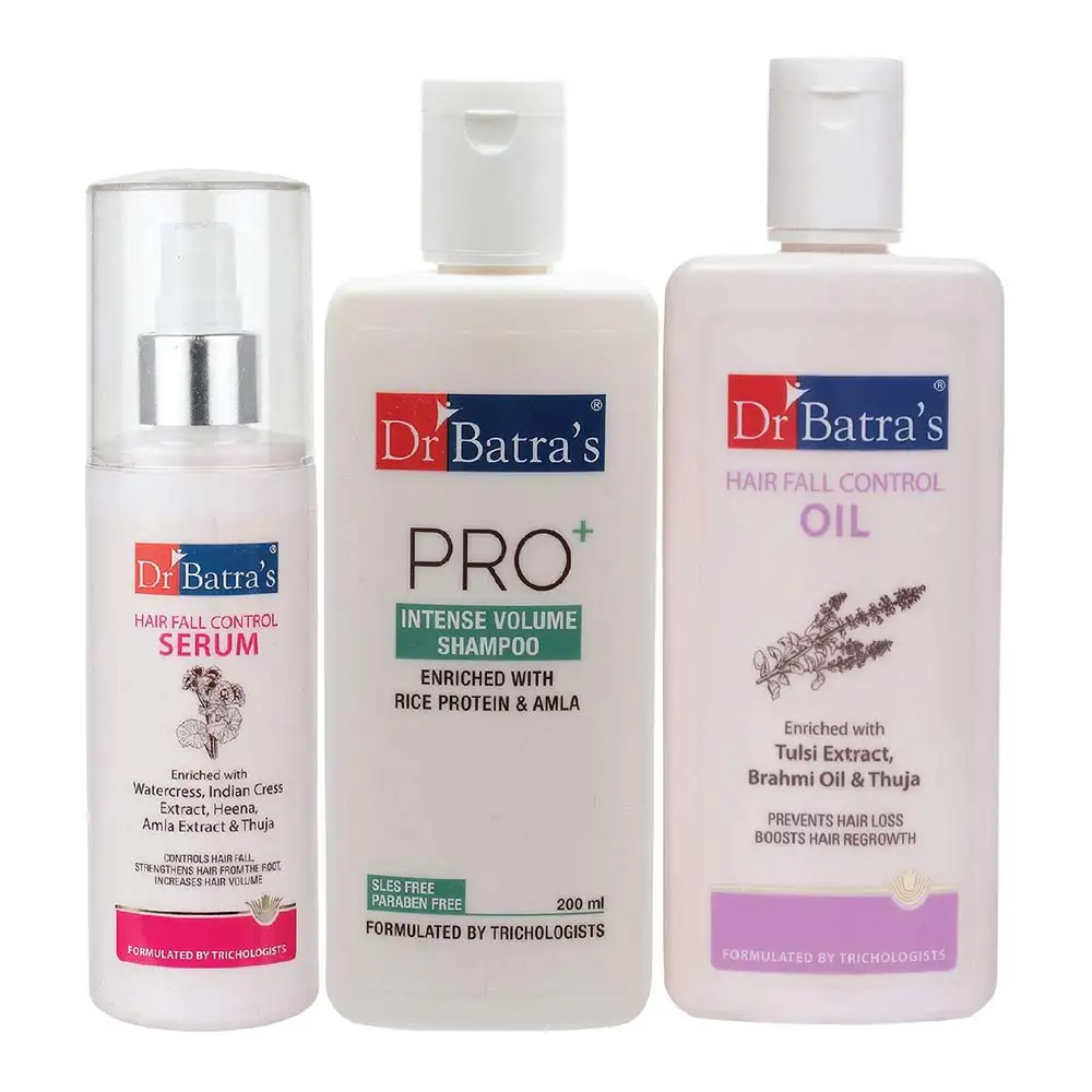 Dr Batra's Hair Fall Control Serum-125 ml, Pro+ Intense Volume Shampoo - 200 ml & Hair Fall Control Oil - 200 ml Combo,  3 Piece(s)/Pack  Hair Care