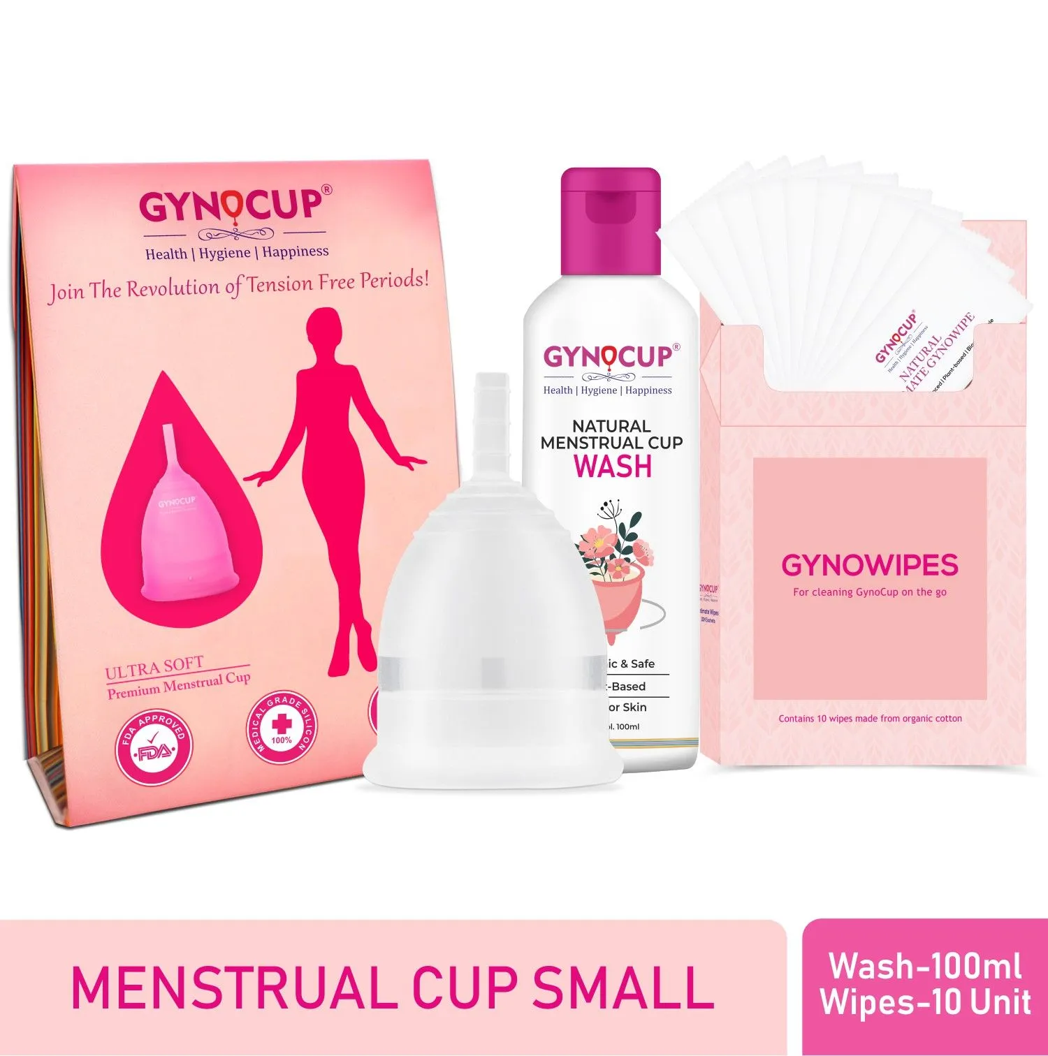 GynoCup Menstrual Cup For Women Transparent Small Size With Wash And Intimate Wipes (Combo Kit)