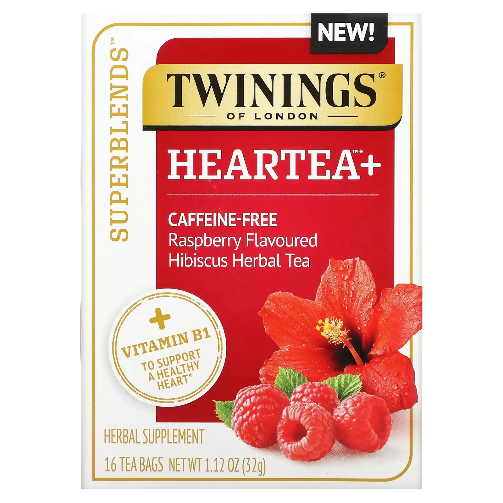 Heartea+ Hibiscus Herbal Tea, Raspberry, Caffeine Free, 16 Tea Bags, 1.12 oz (32 g)