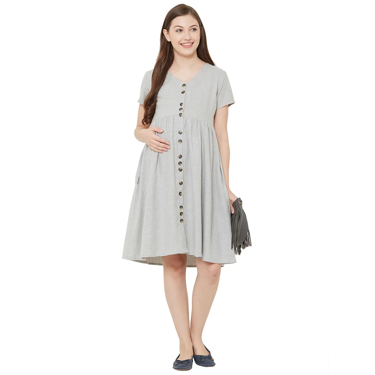 Mystere Paris Classic Button Down Maternity Dress - Grey