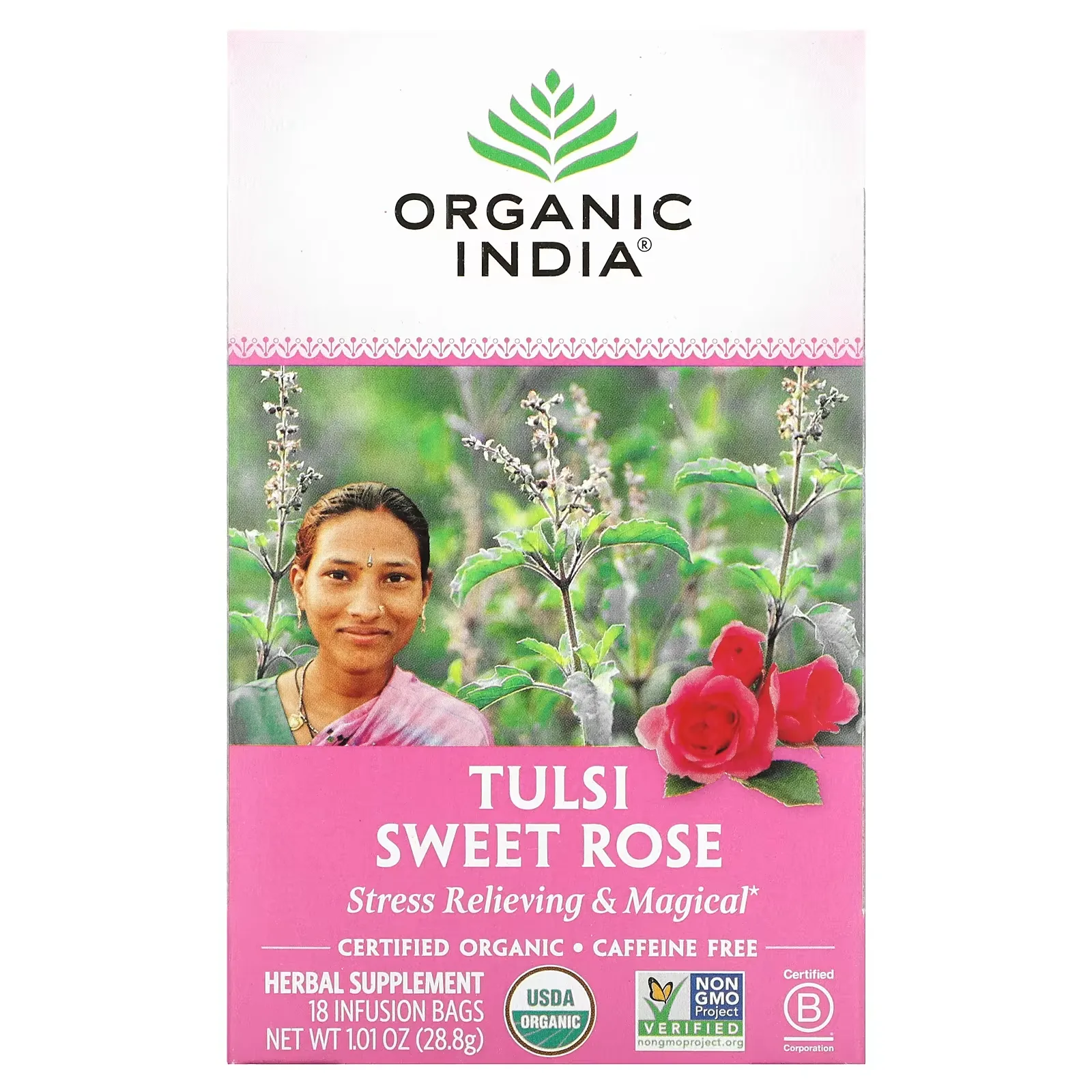 Tulsi Tea, Sweet Rose, Caffeine Free, 18 Infusion Bags, 1.01 oz (28.8 g)