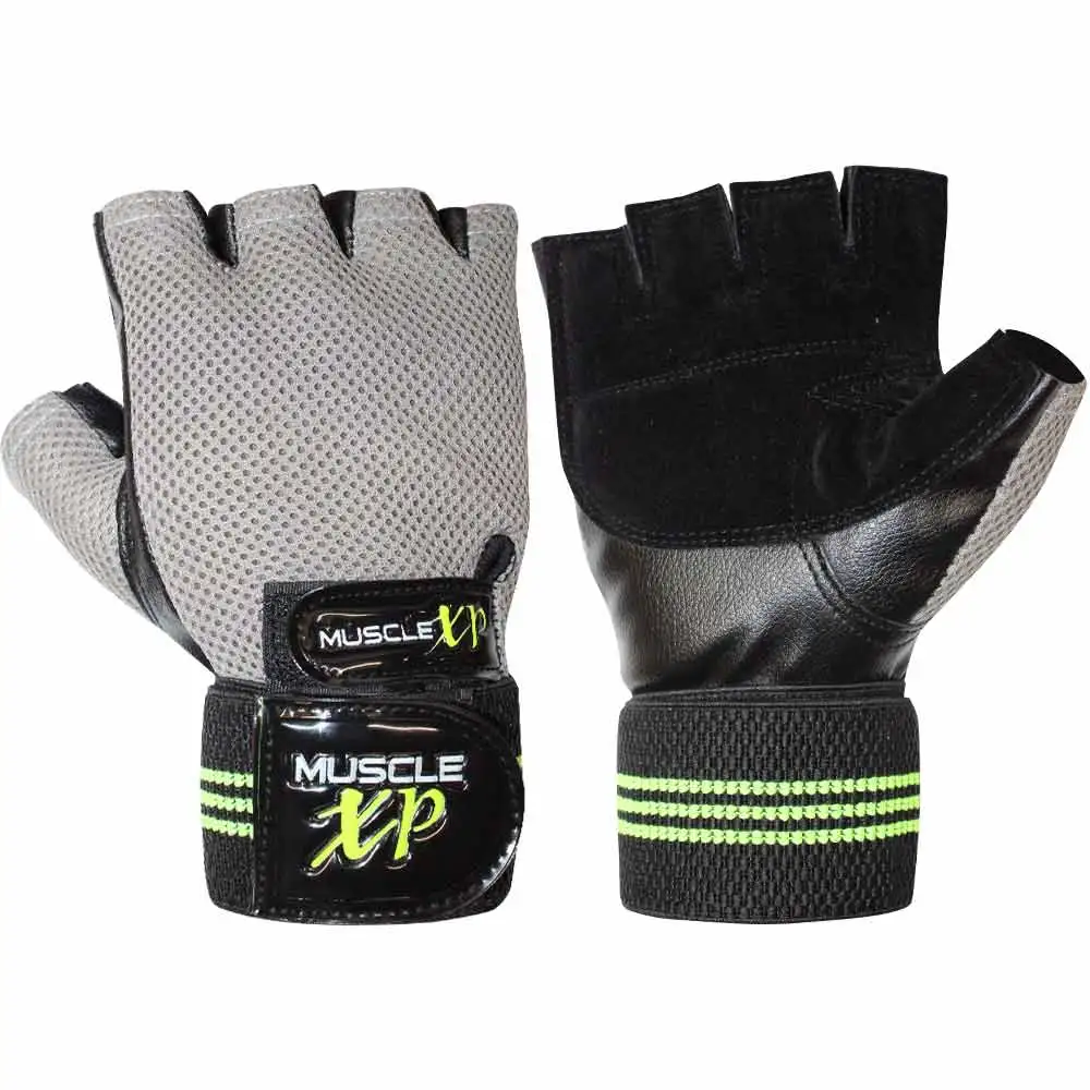 MuscleXP Chroma-Fit Black Workout Gym Gloves,  Black, Green & Grey  Free Size