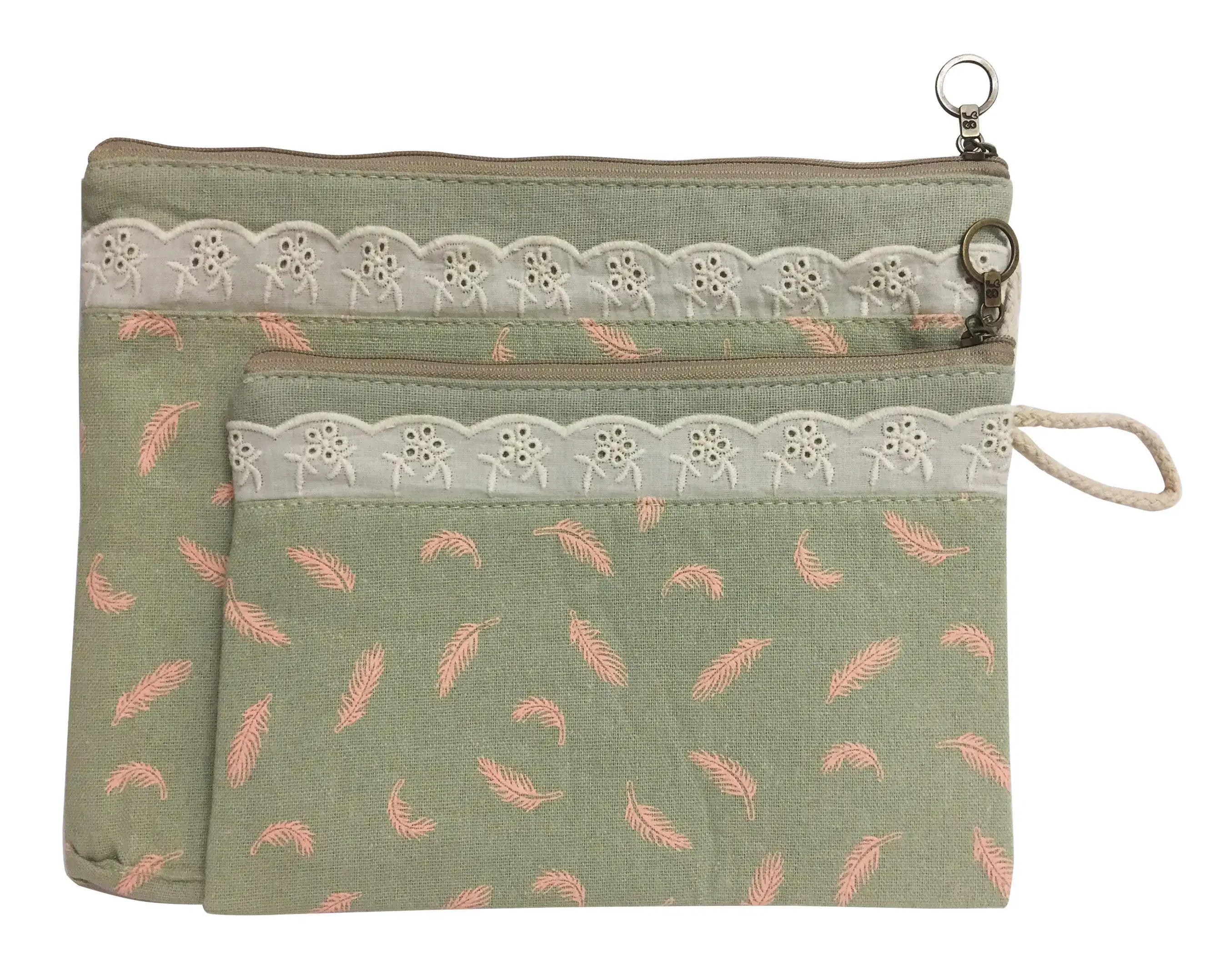 Bag of Small Things Fabric Multipurpose Green Feather Travel Pouch - Set of 2