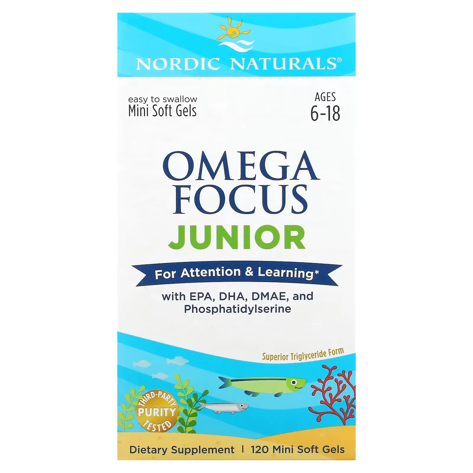 Omega Focus Junior, Ages 6-18, 120 Mini Soft Gels