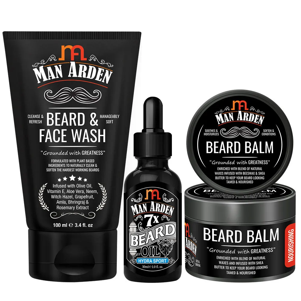 Man Arden Beard And Face Grooming Combo - Beard And Face Wash + Beard Oil (Hydra Sport) + Beard Balm