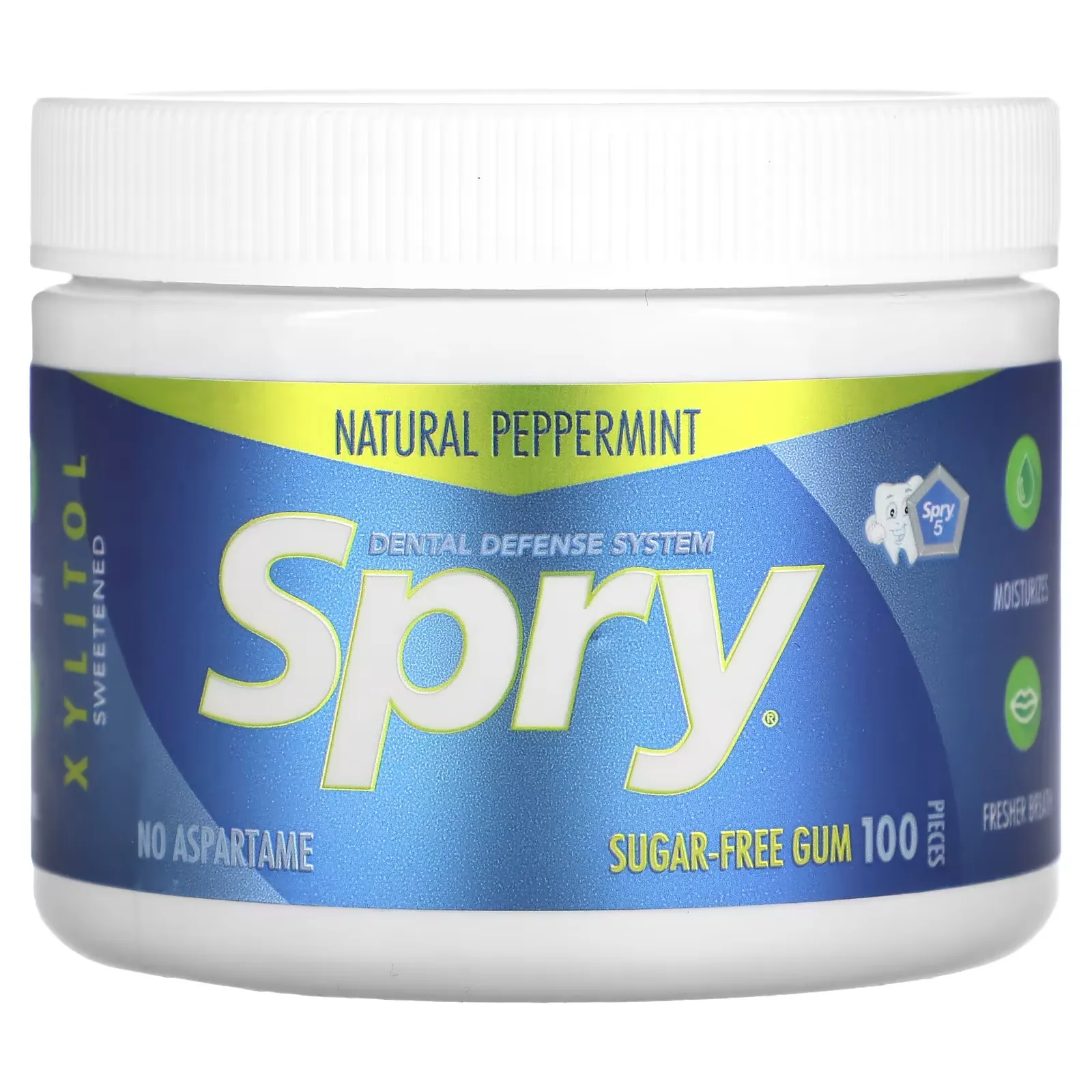 Spry, Dental Defense System, Sugar Free Gum, Natural Peppermint, 100 Pieces