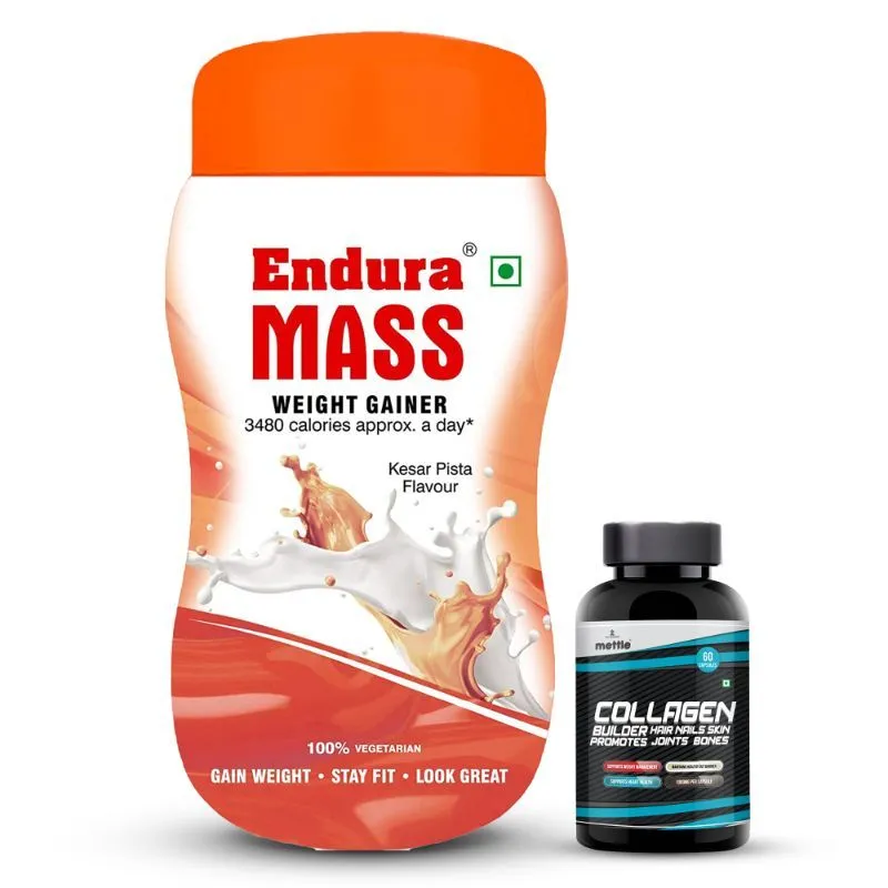 Endura Mass Weight Gainer Kesar Pista Flavour With Mettle Collagen Builder Capsules