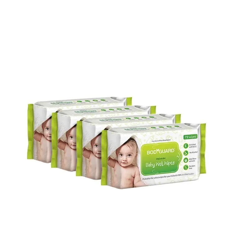 BodyGuard Premium Paraben Free Baby Wet Wipes with Aloe Vera - 288 Wipes (4 Pack, 72 each)