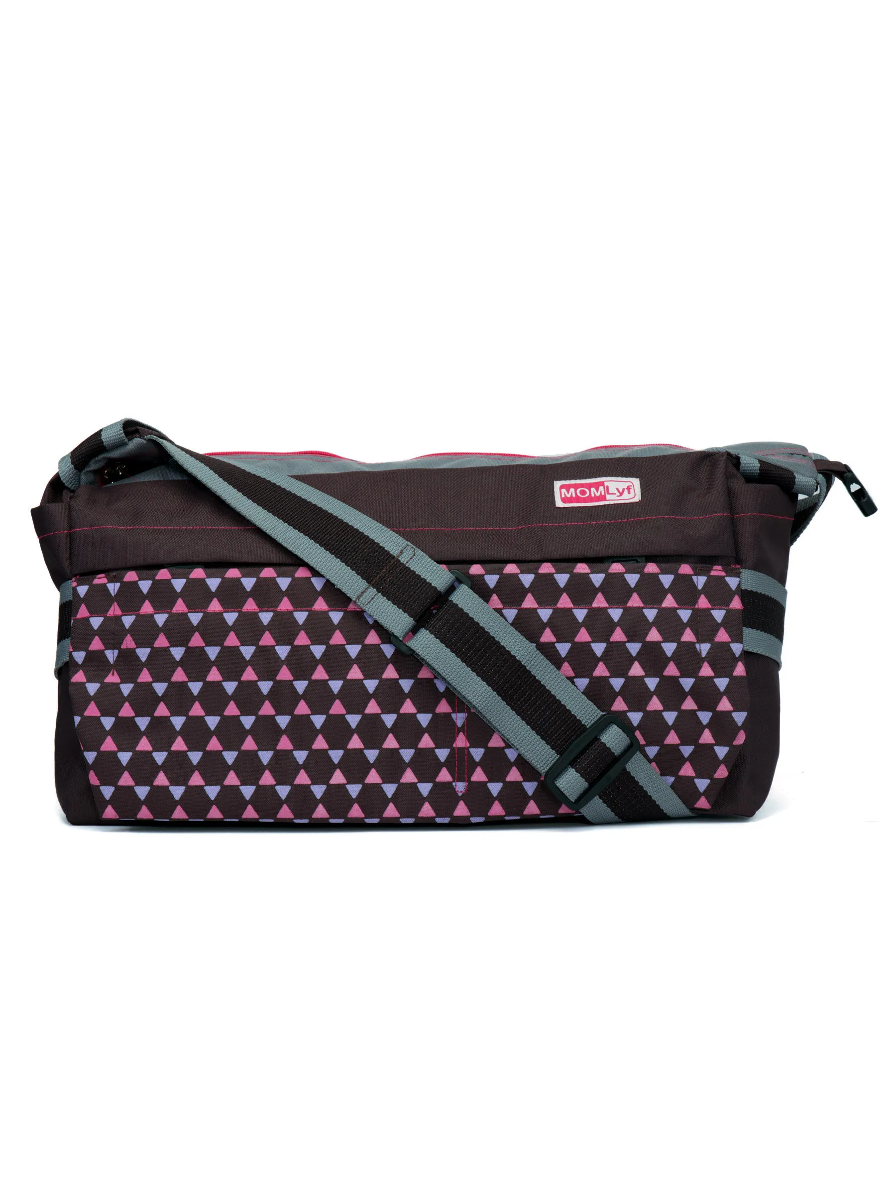 MomLyf Mia Brown And Pink Printed Polyester Diaper Bag With Changing Mat And Bottle Cover