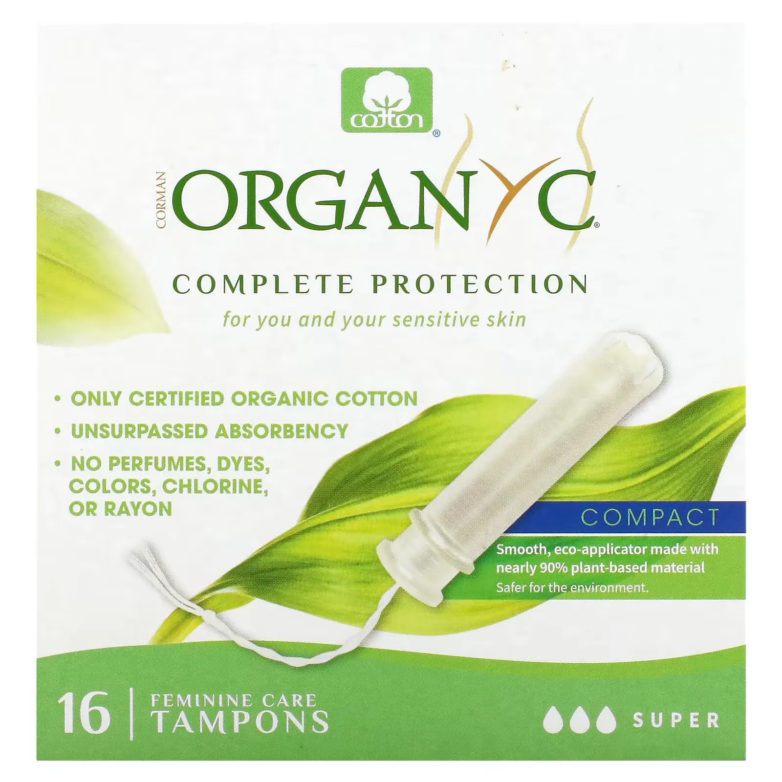 Organic Tampons, Compact, Super, 16 Tampons