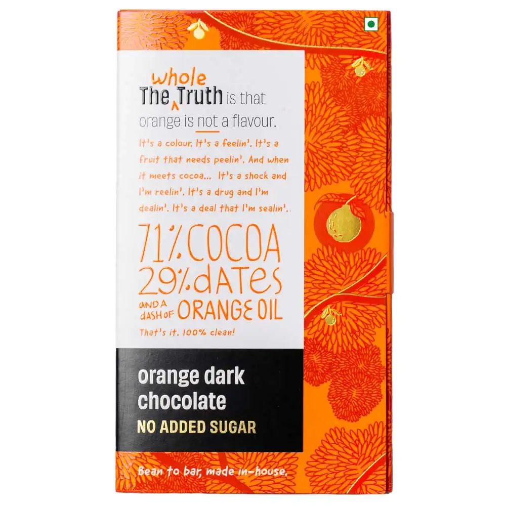 The Whole Truth Orange Dark Chocolate,  2 Piece(s)/Pack  71% Cocoa, 29% Dates with a dash of Orange Oil (No Added Sugar)