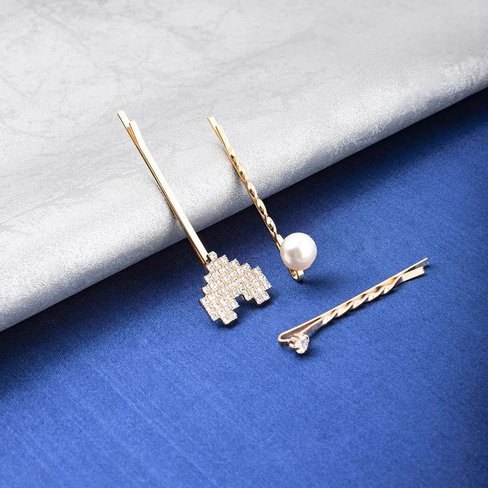 Ferosh Quella Heart Crystal Pearl 3 Hair Pin Set