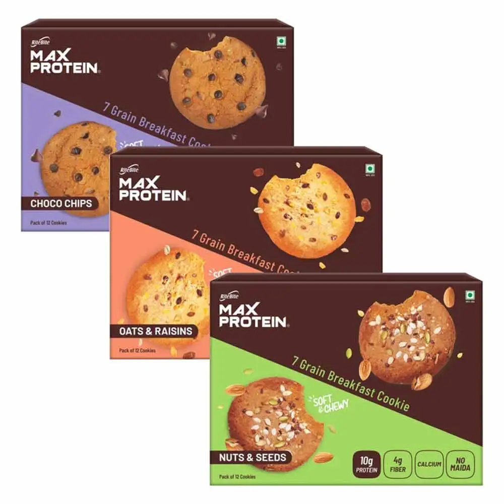 RiteBite Max Protein Cookies,  12 Piece(s)/Pack  Choco Chips+Nuts & Seeds+Oats & Raisins Pack of 12